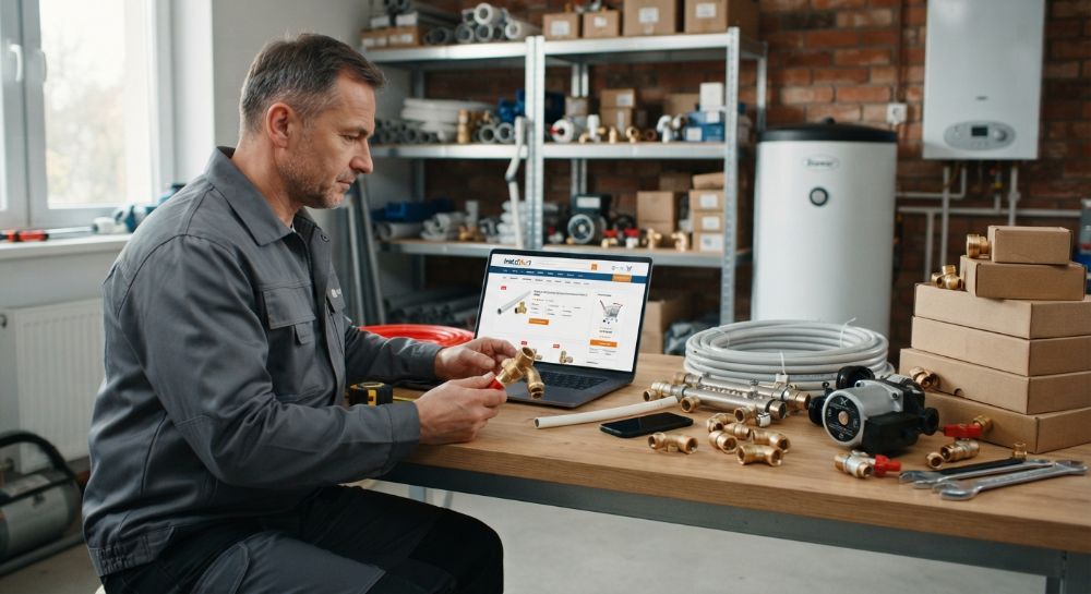 Instalator dobierający elementy instalacji przy laptopie