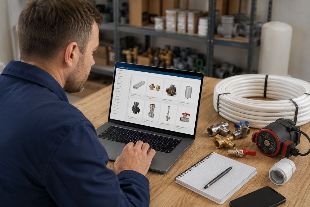 Instalator sprawdzający materiały hydrauliczne w sklepie online